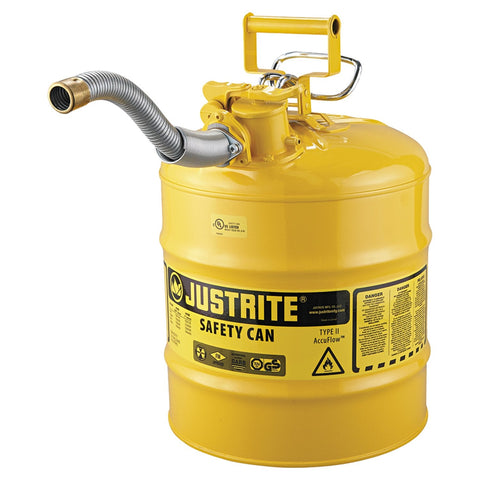 Justrite 7250230 5 Gallon Type II Steel Safety Can for Diesel, 1" Metal Hose, AccuFlow™ Valve, Yellow Colour